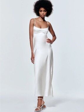 ZARA - Satin Slip Dress Ivory Midi Cowl Neck Minimalist